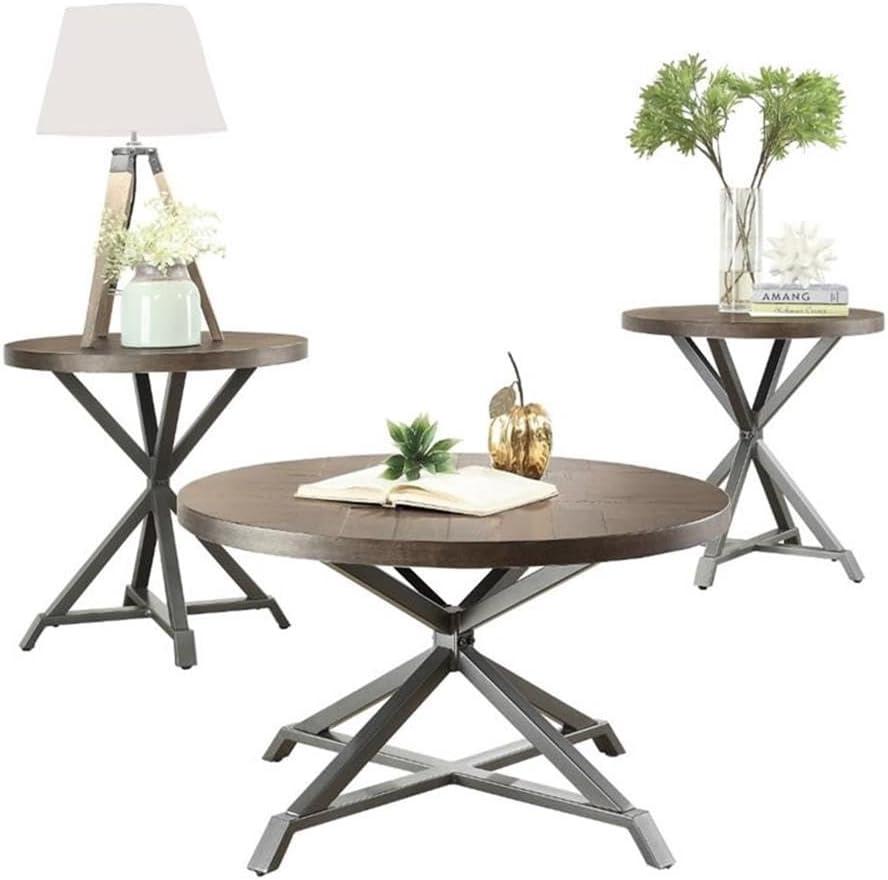 Industrial Brown and Gray Pine Veneer Round Table Set