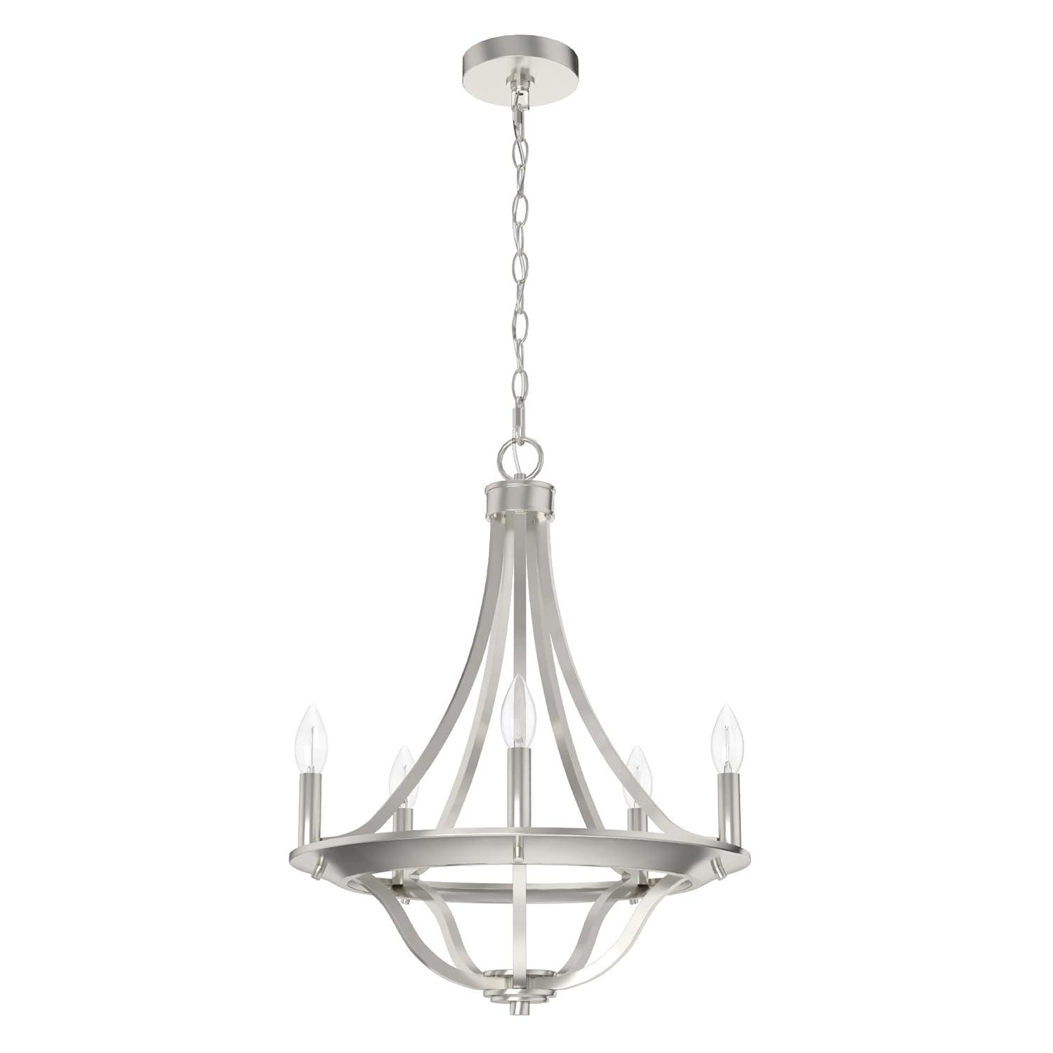 Hunter - Perch Point 5-light Brushed Nickel, Medium Size Chandelier, Dimmable, Casual Style, Empire Shaped, for Bedrooms, Kitchens, Dining, Living Rooms - 19425