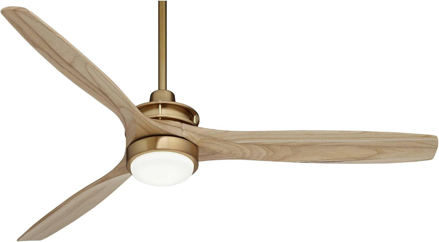 Casa Vieja 52" Windspun Modern Indoor Ceiling Fan 3 Blade LED Light Remote Control Soft Brass Finish Natural Wood Blades Bedroom Living Room Kitchen