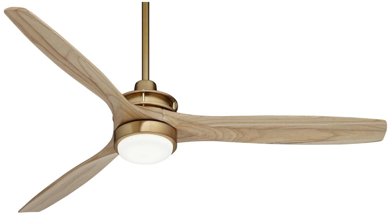 Casa Vieja 52" Windspun Modern Indoor Ceiling Fan 3 Blade LED Light Remote Control Soft Brass Finish Natural Wood Blades Bedroom Living Room Kitchen