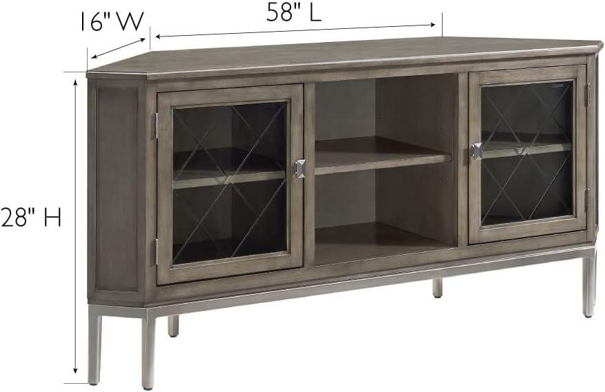 Gray Wood and Pewter Corner TV Stand with Glass Doors