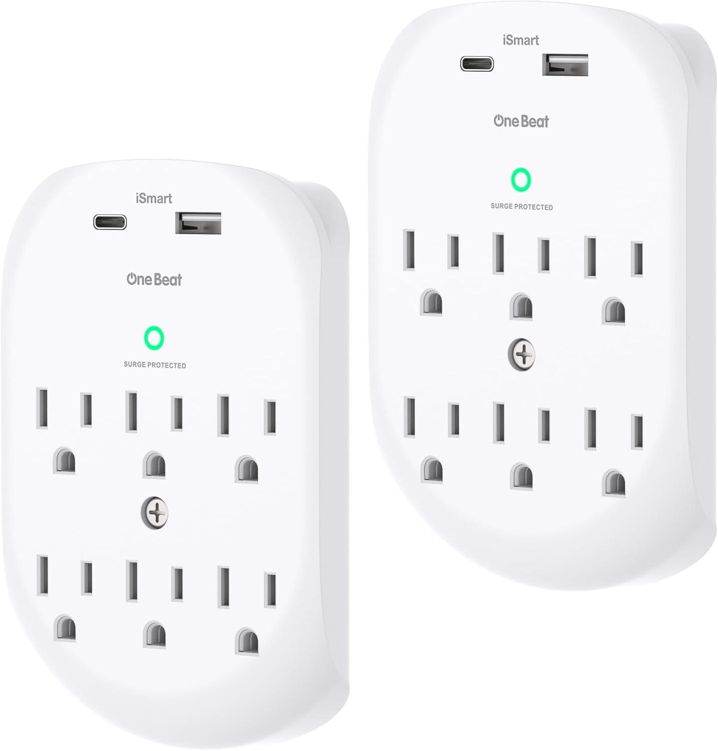 White 6-Outlet Surge Protector Wall Tap with USB Ports