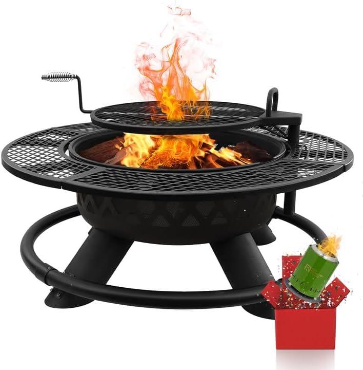 Red Mountain Valley Outdoor Fire Pit 47'' with Adjustable Grill, Outdoor Large Wood Burning BBQ Firepit Bowl, Bonfire Fire Pits with Cooking grates, 2-in-1 Steel Table for Backyard, Patio Picnic