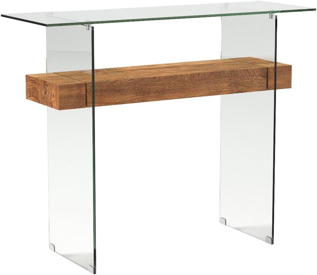 Sleek Dark Brown Glass-Top Console Table with Storage, 39.4"