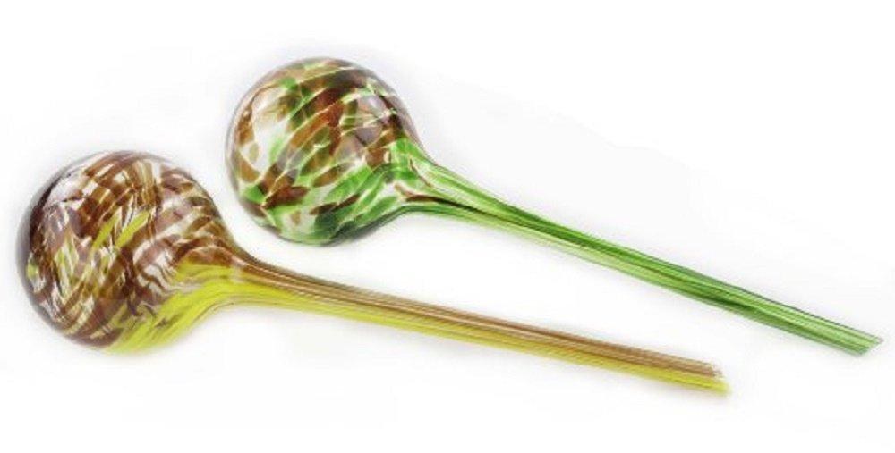 Lexi Home Plant Watering Globes Hand Blown Glass Self Watering Bulbs, Green/Yellow 2-Pack