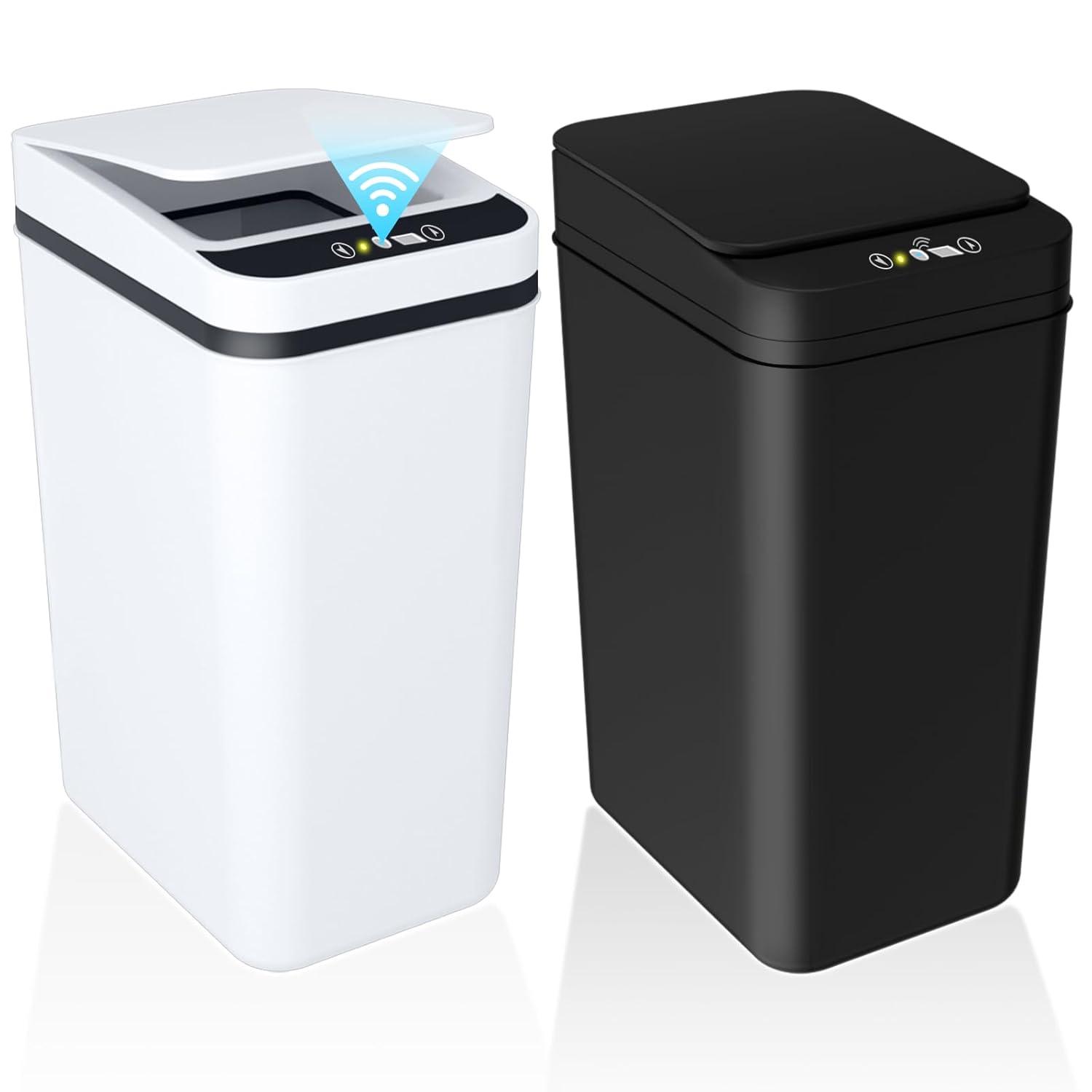 VQJTCVLY 2Pack Bathroom Small Trash Can with Lid, 2.6 Gallon Touchless Automatic Garbage Can Slim Waterproof Motion Sensor Smart Trash Bin for Bedroom, Office, Kitchen, Living Room (White)