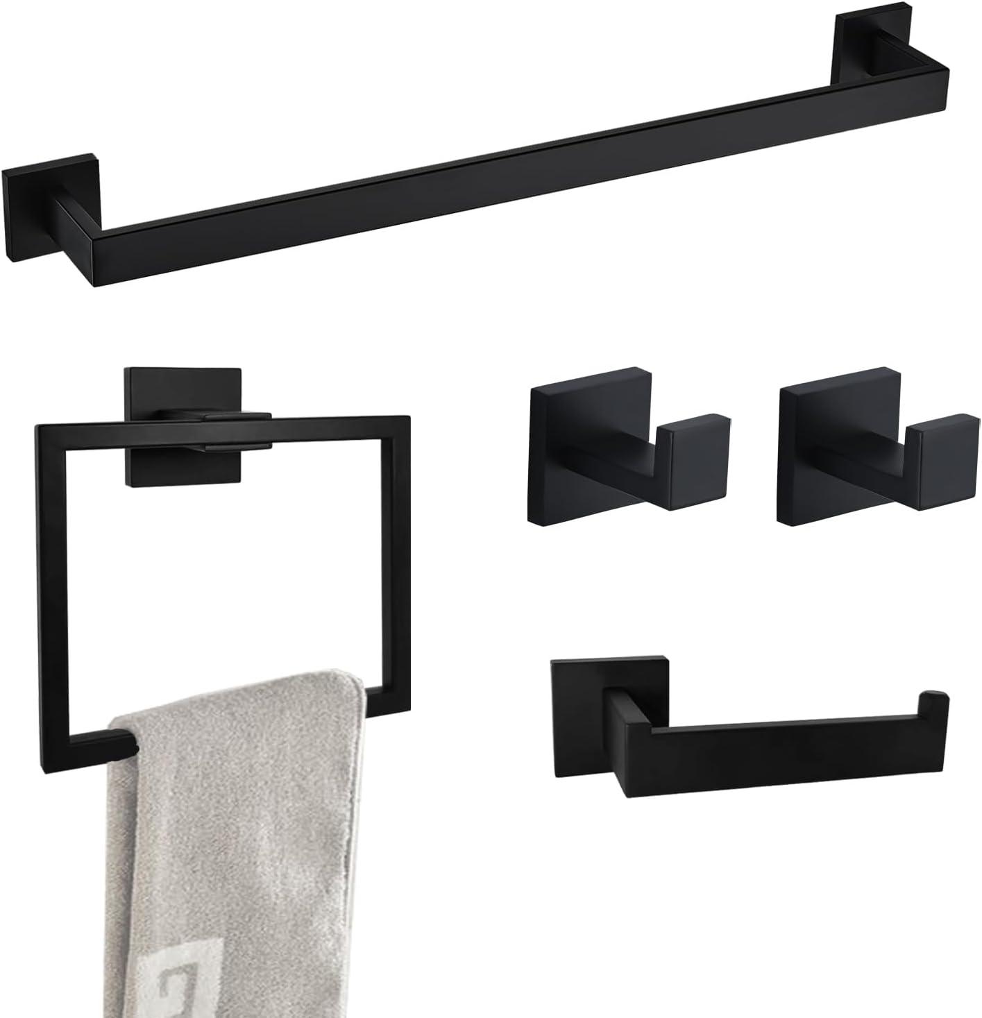 AUMIY  5-Piece Luxury Bathroom Hardware Accessory Set - Wall-Mounted  Stainless Steel  Matte Black  Brushed Nickel  Brushed Gold  and Chrome Finish - Includes 24 Towel Rod  Square Towel R