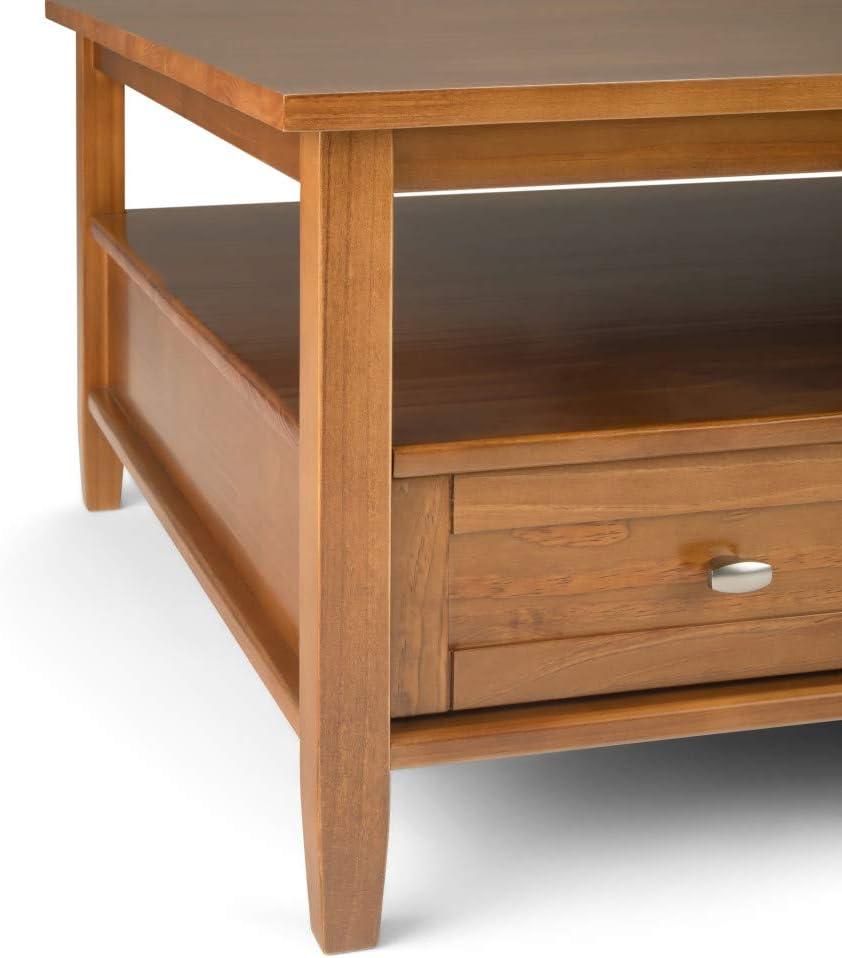 Simpli Home Warm Shaker 36"W Solid Wood Square Coffee Table with Two Drawers and Open Shelf