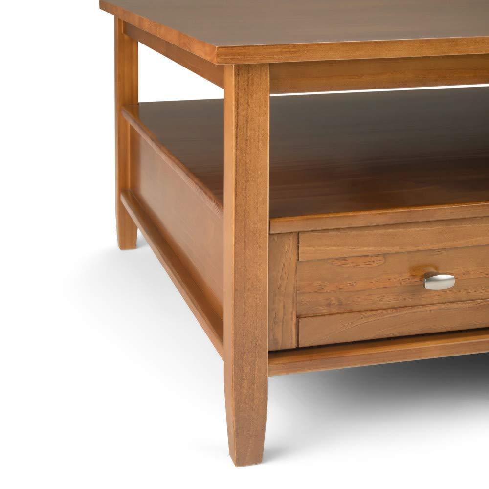 Simpli Home Warm Shaker 36"W Solid Wood Square Coffee Table with Two Drawers and Open Shelf