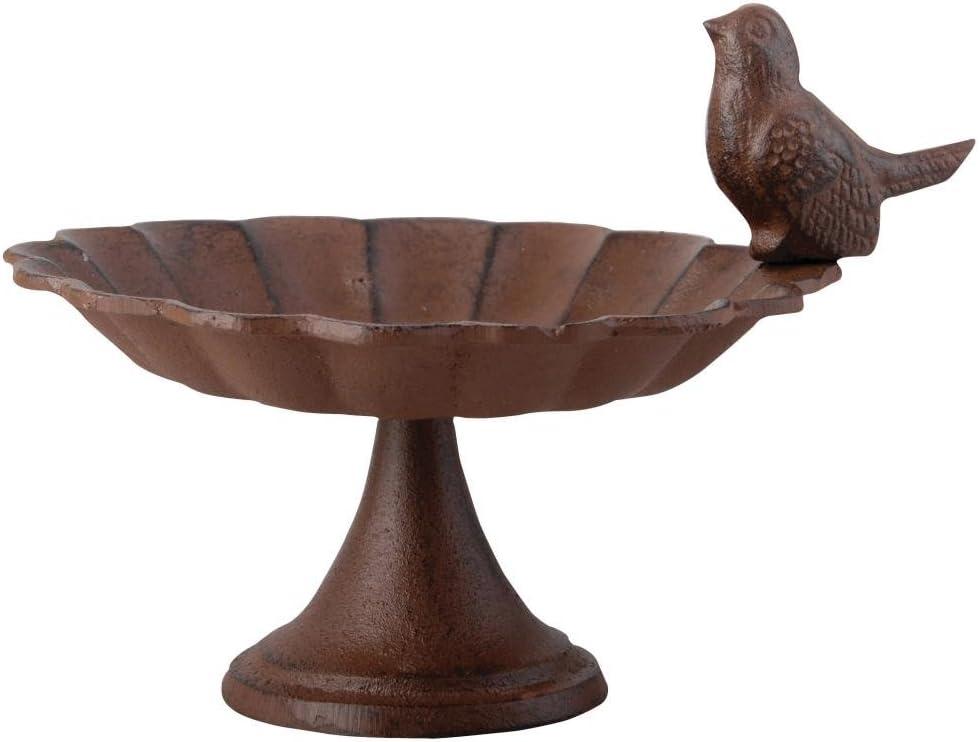 Small Antique Brown Cast Iron Pedestal Birdbath with Bird