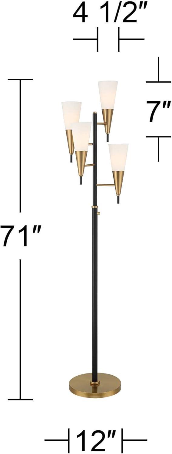 Possini Euro Design Quatro Mid Century Modern Tree Floor Lamp 71" Tall Black Gold Metal 4 Light Frosted Glass Cone Shade for Living Room Bedroom House