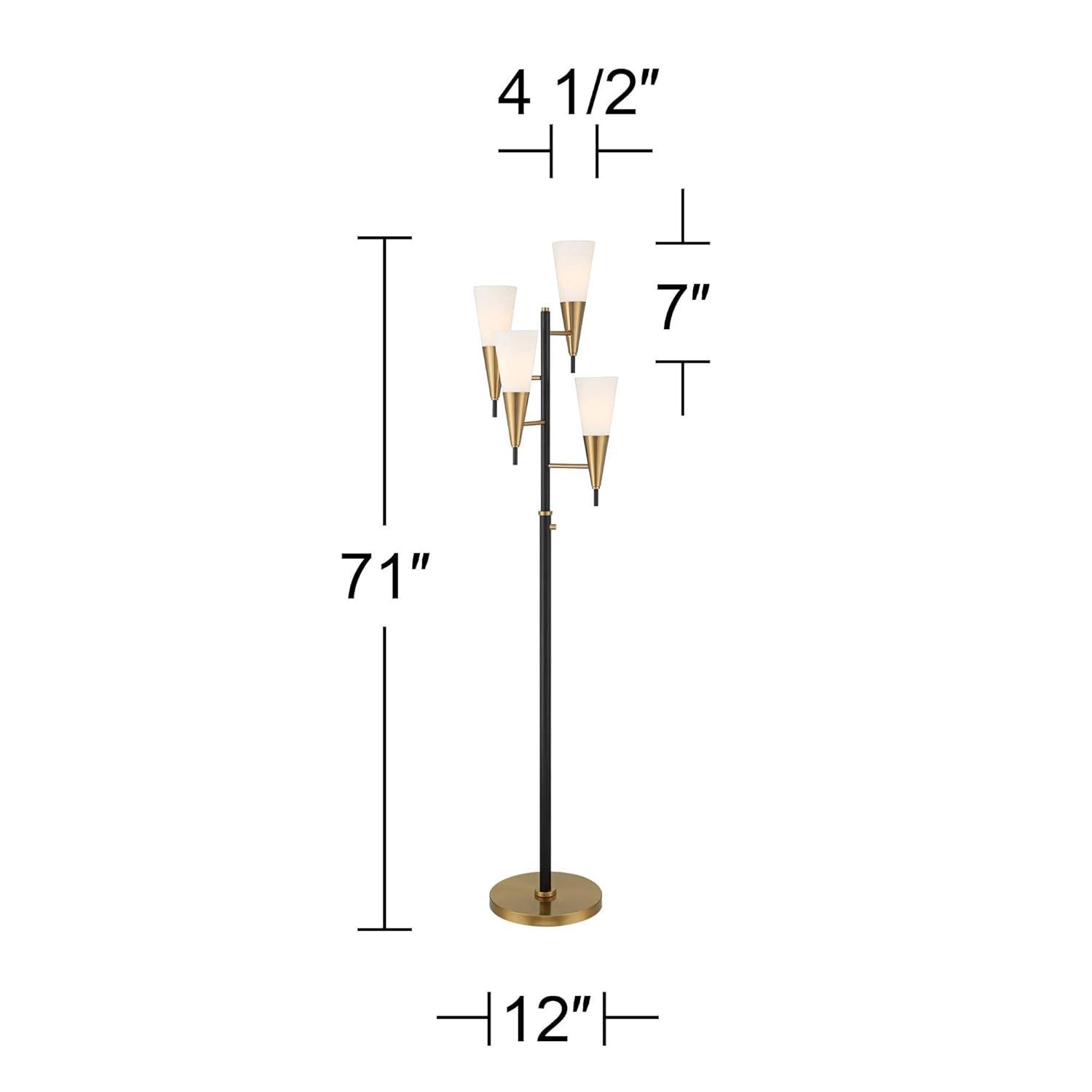 Possini Euro Design Quatro Mid Century Modern Tree Floor Lamp 71" Tall Black Gold Metal 4 Light Frosted Glass Cone Shade for Living Room Bedroom House