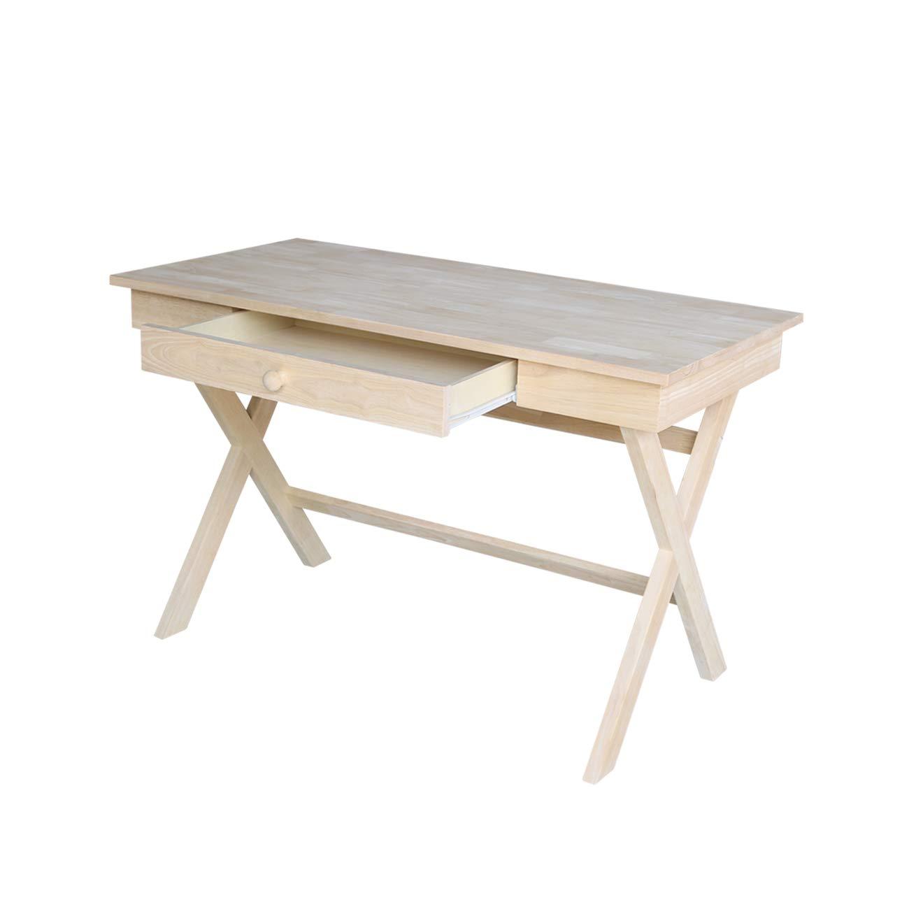 Cross Leg Desk Unfinished - International Concepts: Rubberwood Writing Desk with Drawer, Hardwood Frame