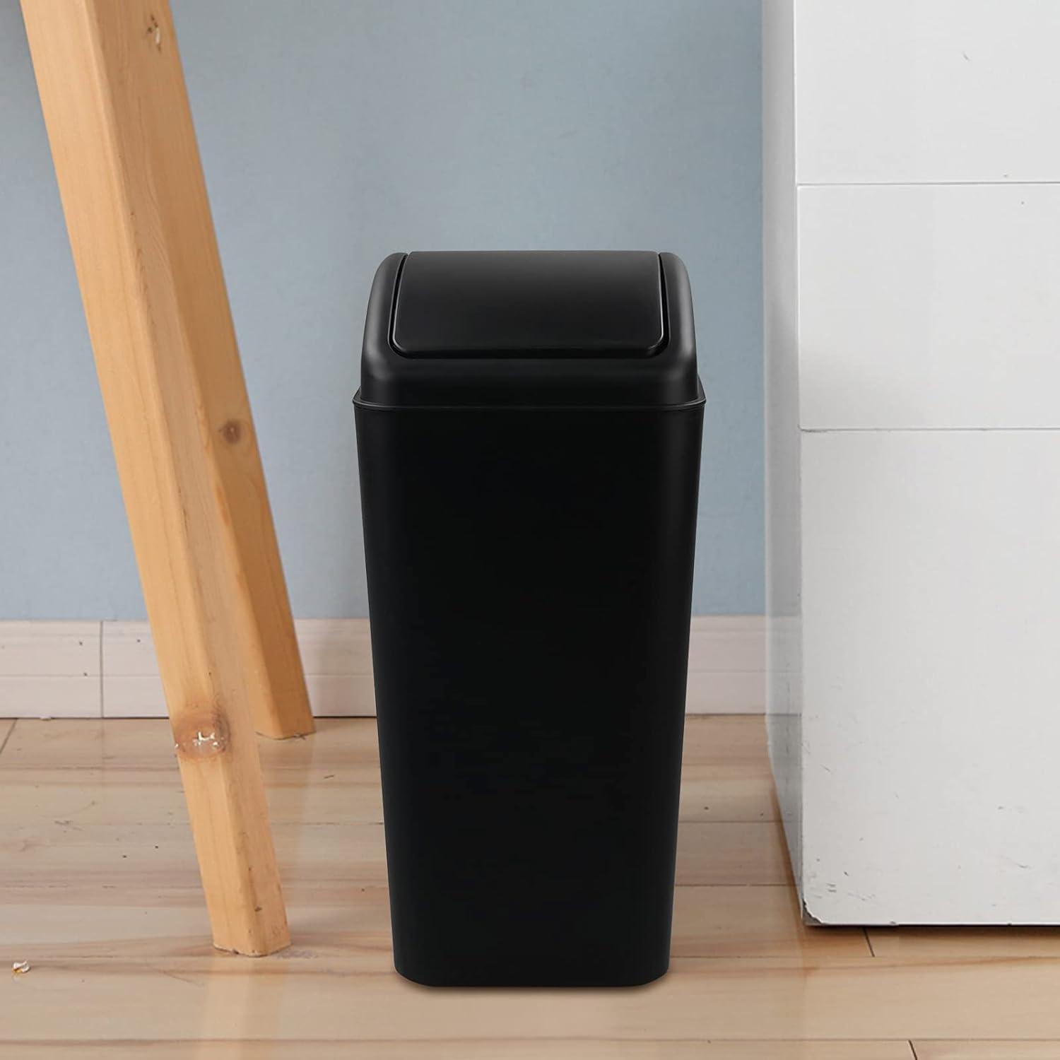 Black Rectangular Plastic Trash Can with Swing Lid