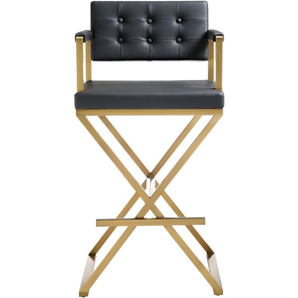 TOV Furniture Director Black Vegan Leather Barstool with Gold Steel Legs