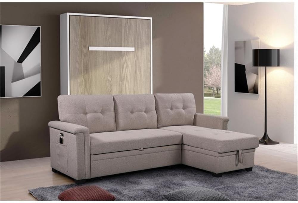 Bowery Hill Reversible Sleeper Sofa with Storage/USB Charging Port in Gray