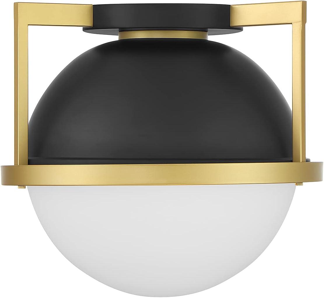 Matte Black and Warm Brass Globe Ceiling Light with Opal Glass Shade