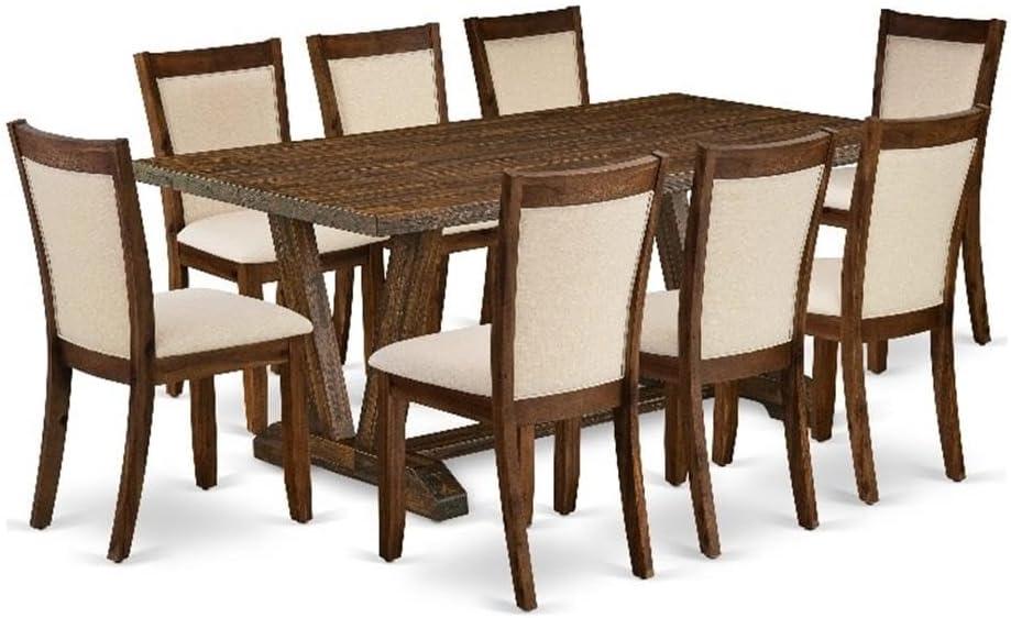 East West Furniture 9-Piece Dining Room Set Includes a Dinner Table and 8 Light Beige Linen Fabric Upholstered Chairs with Stylish Back - Distressed Jacobean Finish