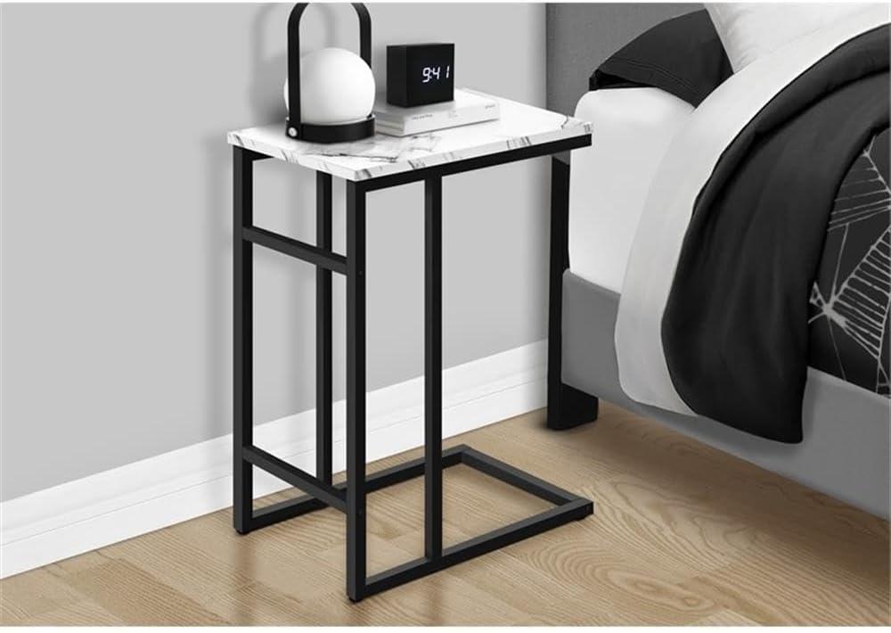 Monarch Specialties Accent Table, C-shaped, End, Side, Snack, Living Room, Bedroom, White Marble Look Laminate, Black Metal, Contemporary, Modern