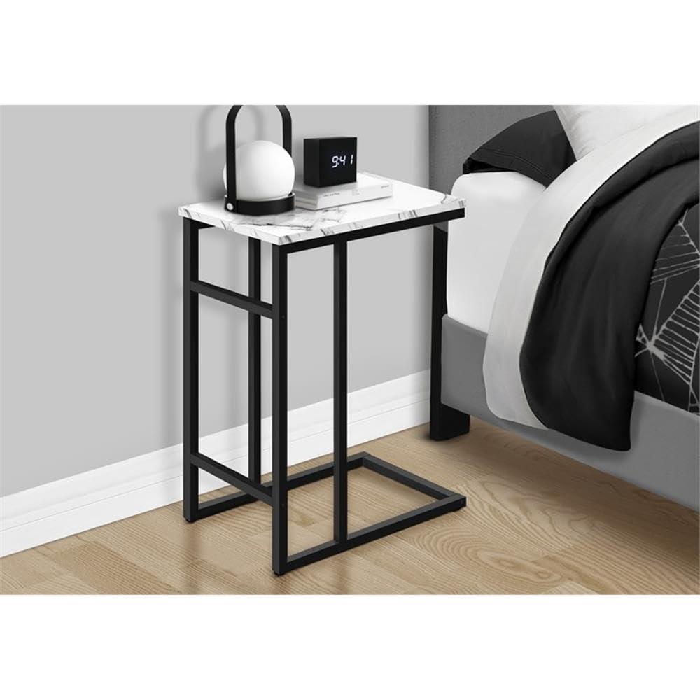 Monarch Specialties Accent Table, C-shaped, End, Side, Snack, Living Room, Bedroom, White Marble Look Laminate, Black Metal, Contemporary, Modern