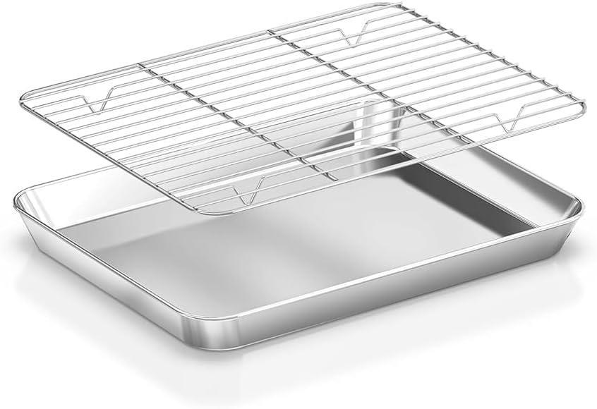 Baking Sheet with Rack Set [2 Pans + 2 Racks ] HKJ Chef Stainless Steel Cookie Sheet Baking Pan Tray with Cooling Rack, Size 9x7x1 Inch, Non Toxic & Heavy Duty & Easy Clean