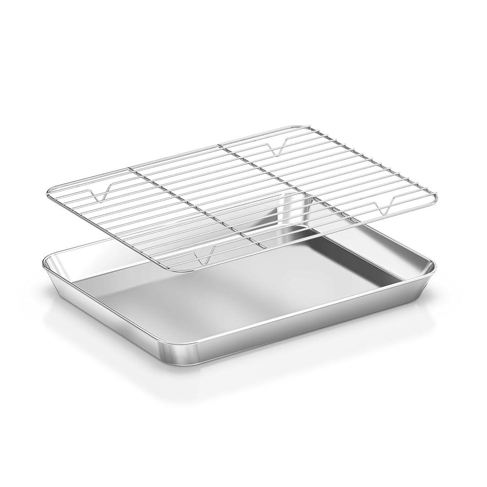 Baking Sheet with Rack Set [2 Pans + 2 Racks ] HKJ Chef Stainless Steel Cookie Sheet Baking Pan Tray with Cooling Rack, Size 9x7x1 Inch, Non Toxic & Heavy Duty & Easy Clean