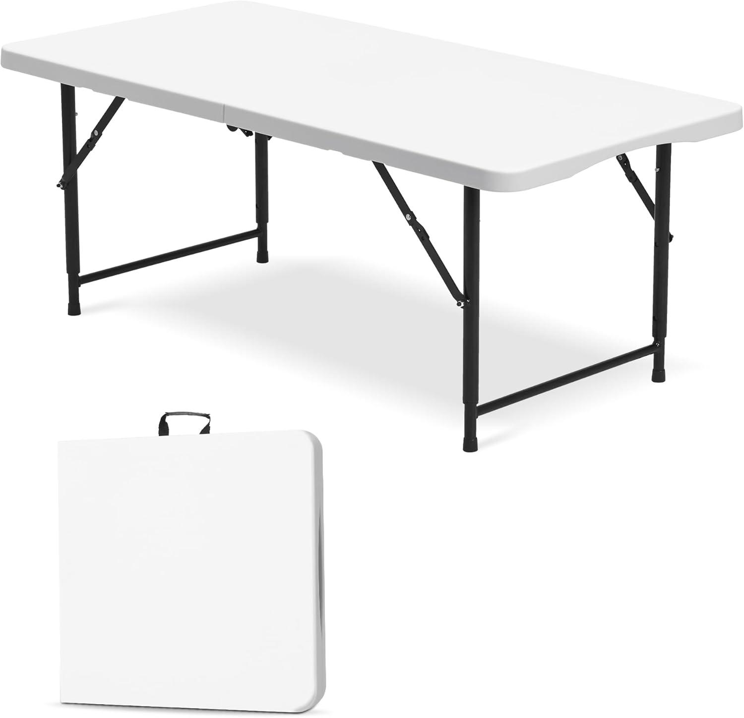 4 ft Portable Folding Table, Idustrial Heavy-Duty Foldable Table, HDPE Plastic Table, with Carrying Handle, Locks, Stright Legs for Indoor & Outdoor Party, Barbeque, Camping, Board Games - White