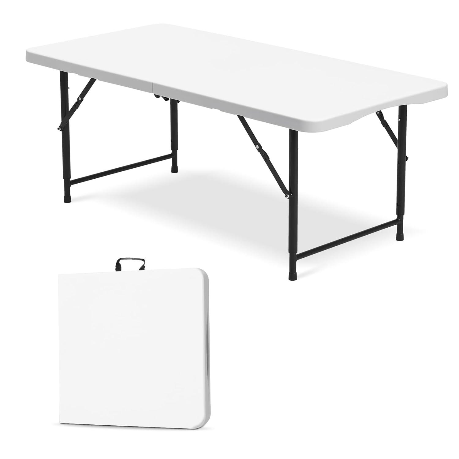4 ft Portable Folding Table, Idustrial Heavy-Duty Foldable Table, HDPE Plastic Table, with Carrying Handle, Locks, Stright Legs for Indoor & Outdoor Party, Barbeque, Camping, Board Games - White