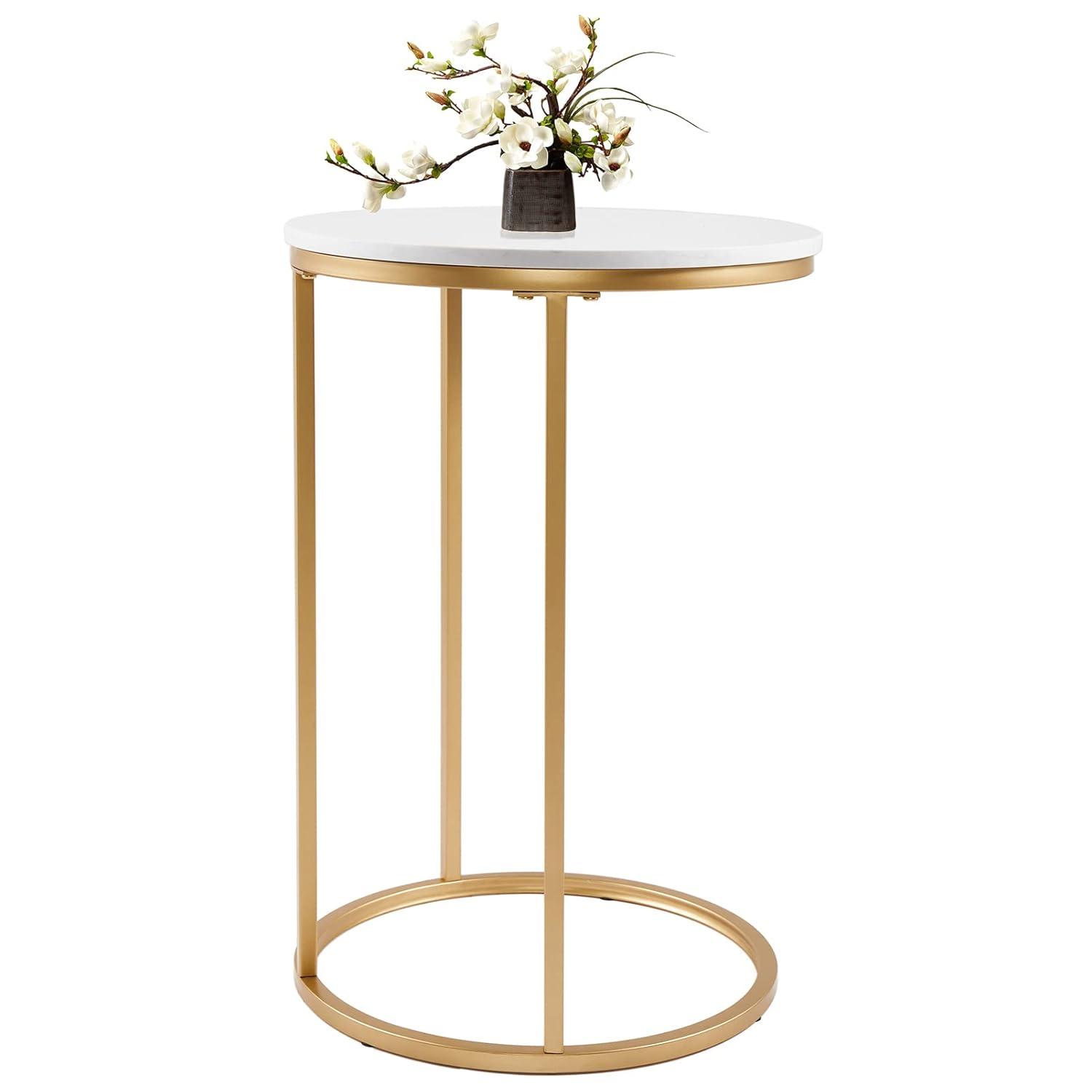 Modern 16 in Gold C-Top Faux Marble Side Table