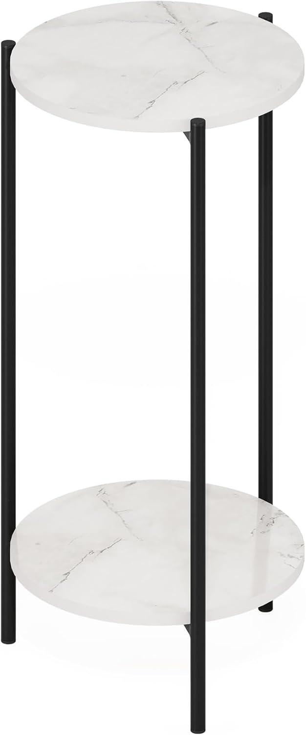 Furinno Besi 2-Tier Modern Tall Round Side End Table with Sturdy Metal Legs, Marble White