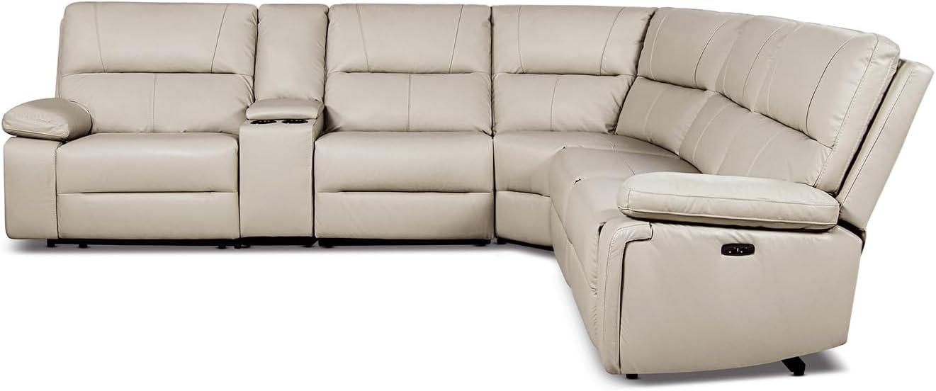 Jennifer Taylor Home Malibu 130" Modern Power Motion 6-Piece Reclining Corner Sectional with Cup Holders, Cream Taupe Beige Top Grain Leather
