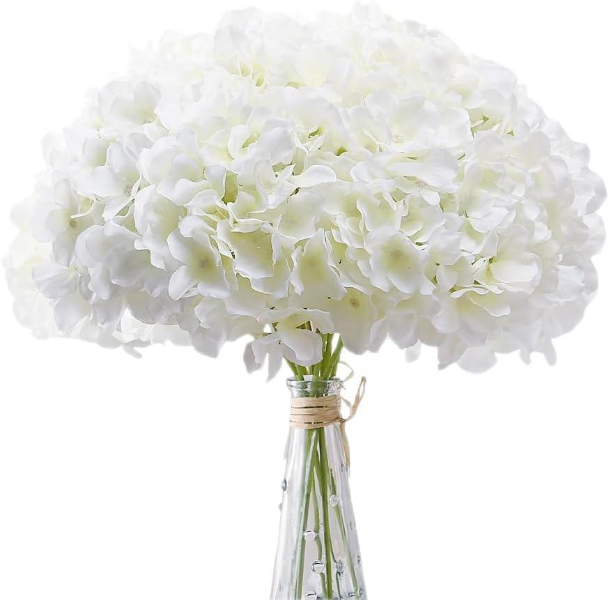 White Silk Hydrangea Artificial Flowers with Stems, Pack of 10