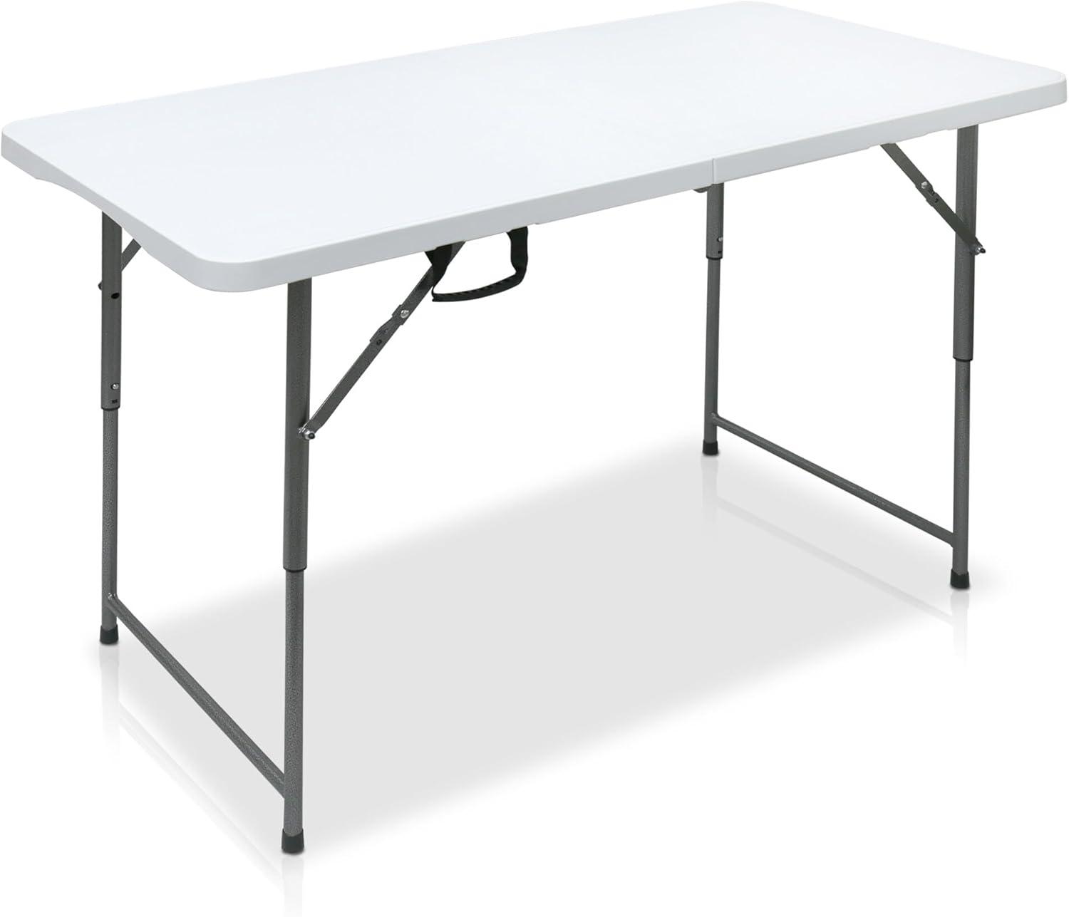 CL.HPAHKL 4 ft Folding Table with 3 Adjustable Height, Small Plastic Foldable Table with Carrying Handle, Portable Camping Table Fold in Half for Indoor Outdoor Camping, Picnic and Party, White