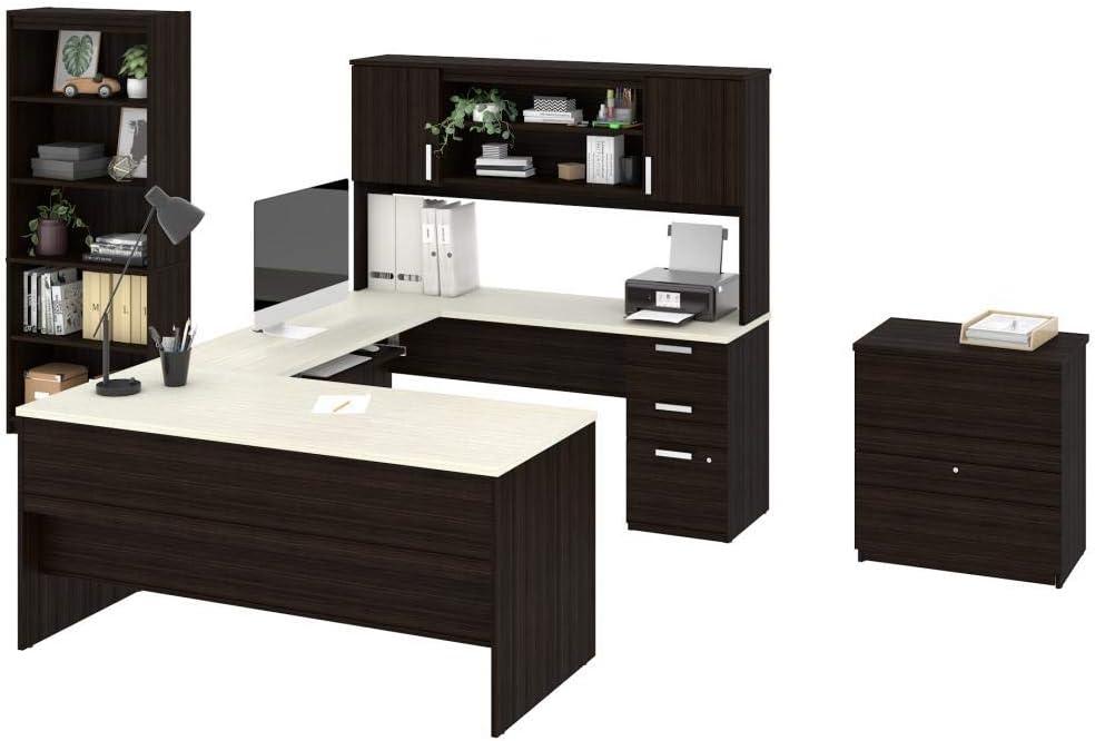 Bestar Ridgeley Modern Metal 3 Piece Office Set in Dark and White Chocolate