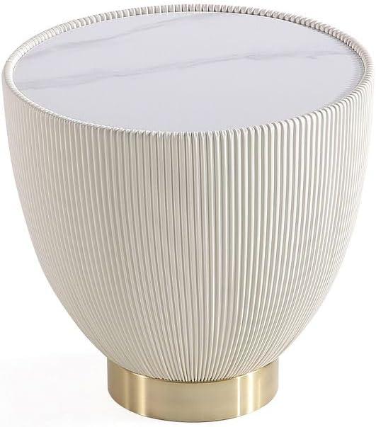Manhattan Comfort Set of 2 Anderson Leatherette End Tables with Faux Marble Tabletop Cream: Round, No Assembly, Modern Style
