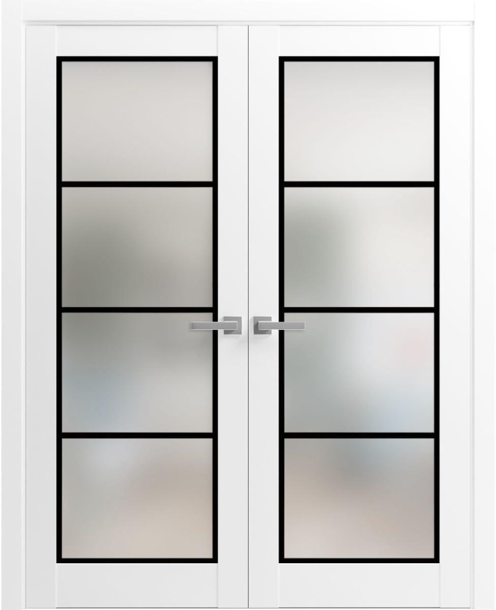 White Silk 60 x 96 Inch French Double Doors with Frosted Glass