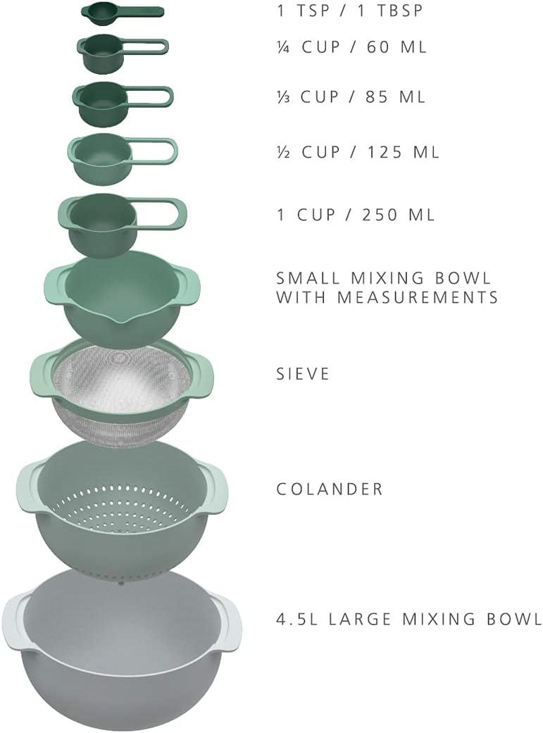 Joseph Joseph Nest 9 Plus, 9 Piece Compact Food Preparation Set with Mixing Bowls, Measuring cups, Sieve and Colander, Editions Range, Sage Green