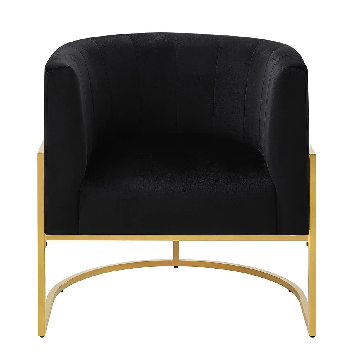 KOSSMAI Upholstered Velvet Accent Barrel Chair with Golden Metal Legs for Living Room Bedroom Office Lounge Chair, Mid-Century Modern Style Armchair (Black)