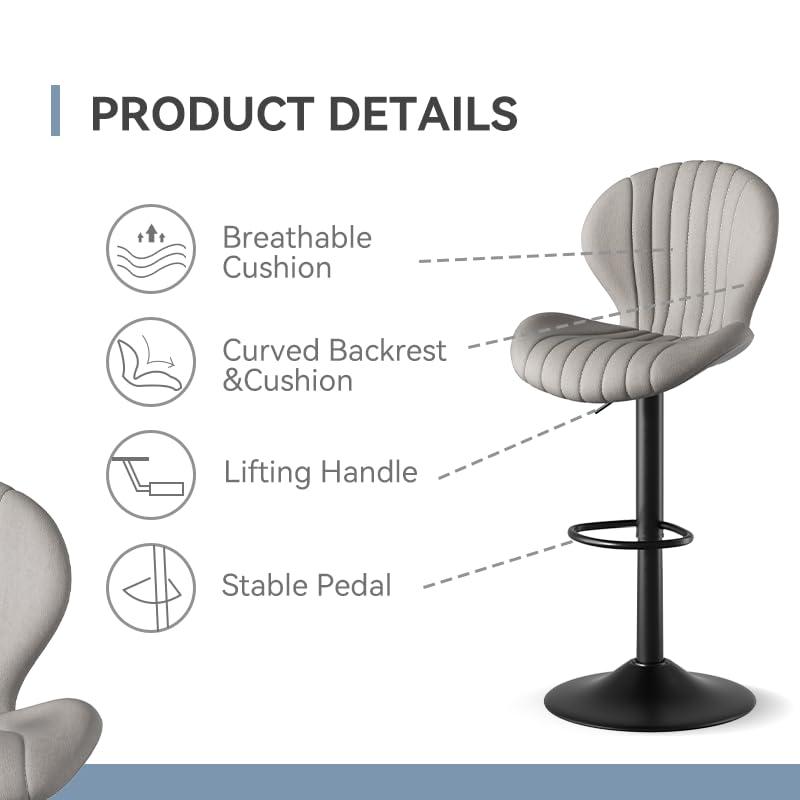 FLYSKY Bar Stools Set of 2 -Faux PU Leather Bar Chairs with Back, Adjustable Swivel Bar Stool, Light Gray