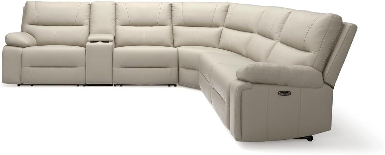 Jennifer Taylor Home Malibu 130" Modern Power Motion 6-Piece Reclining Corner Sectional with Cup Holders, Cream Taupe Beige Top Grain Leather