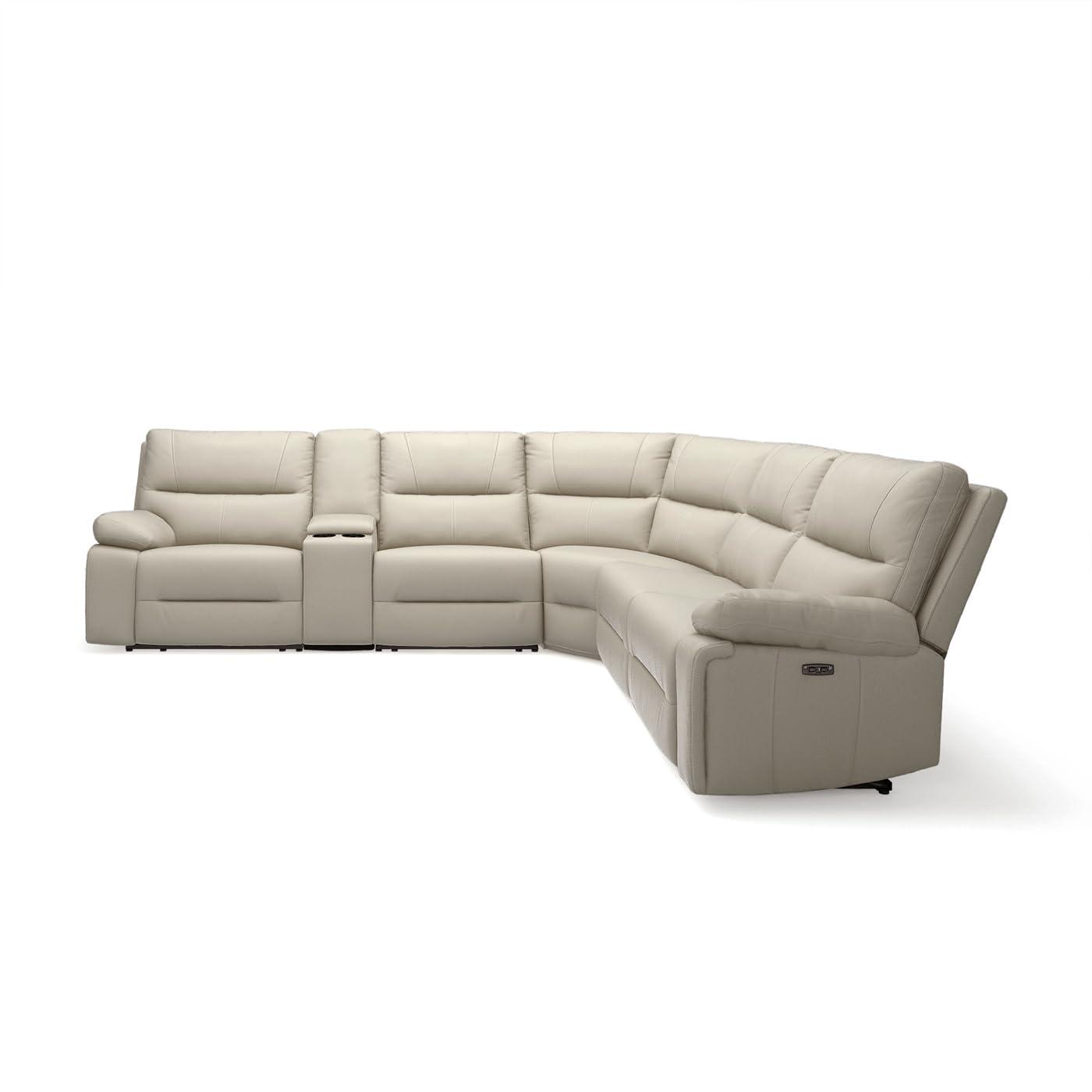 Jennifer Taylor Home Malibu 130" Modern Power Motion 6-Piece Reclining Corner Sectional with Cup Holders, Cream Taupe Beige Top Grain Leather