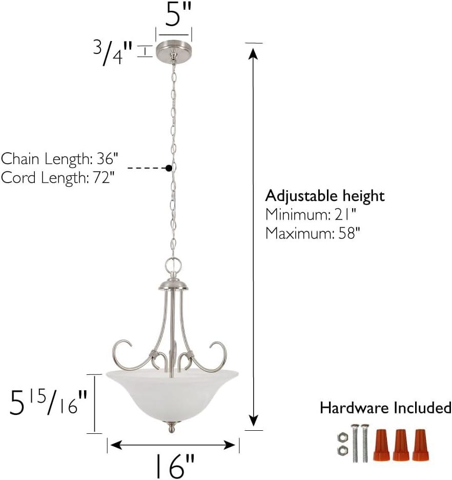 Design House Willowdale Pendant Light Fixture - Traditional Alabaster Glass Bowl Shade for Kitchens, Foyers, Dining Rooms - Adjustable Height Pendant Light Fixture - Satin Nickel, 589747