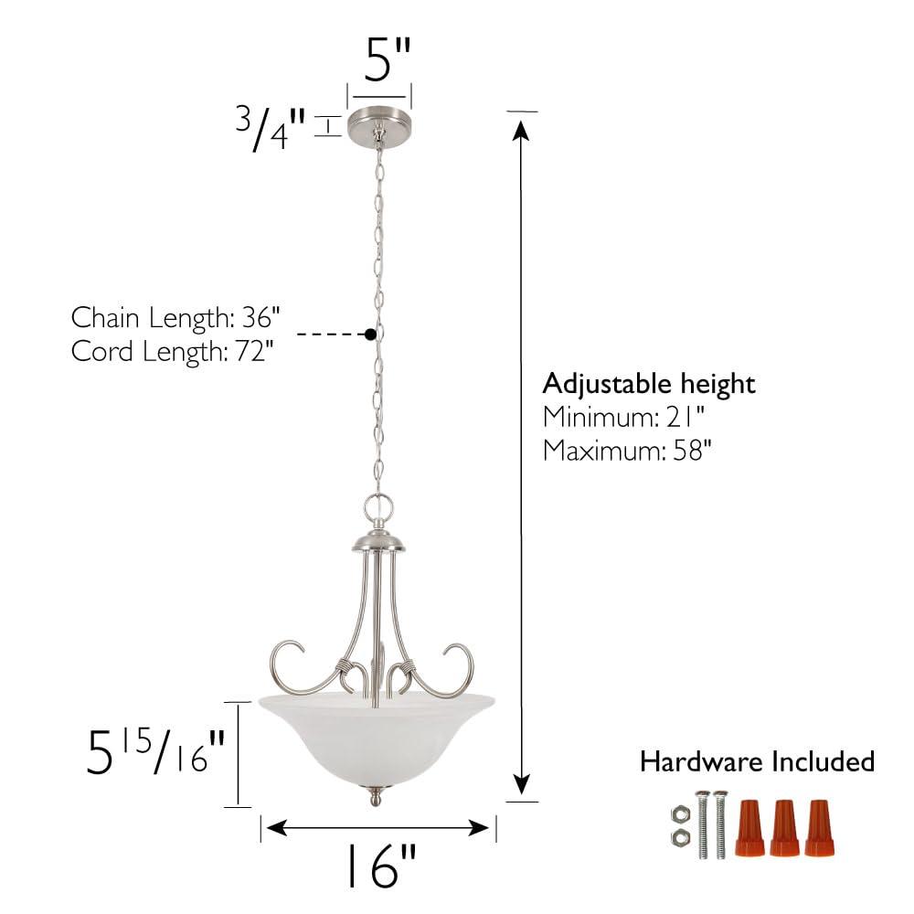 Design House Willowdale Pendant Light Fixture - Traditional Alabaster Glass Bowl Shade for Kitchens, Foyers, Dining Rooms - Adjustable Height Pendant Light Fixture - Satin Nickel, 589747