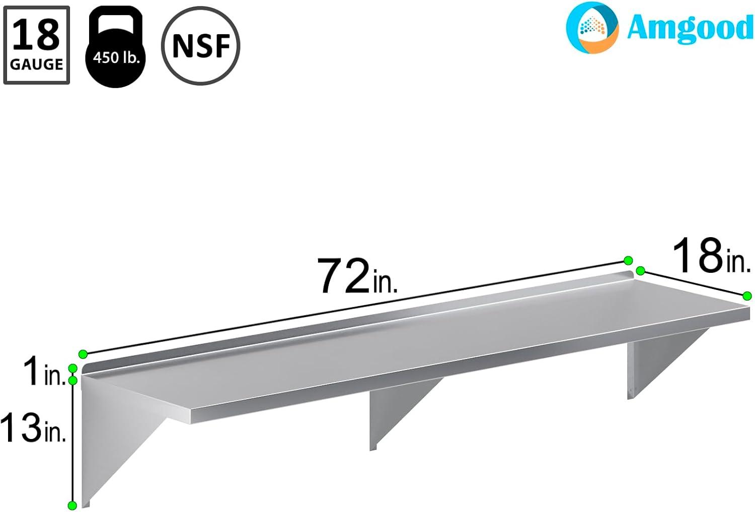 72" Long 18" Deep Stainless Steel Wall Shelf with Brackets