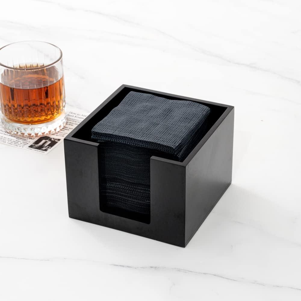 JepoIA 5.5 x 4 Inch Cocktail Napkin Holder 1 Square Flat Napkin Holder - For Bars Kitchen Tables or Countertops Sturdy Black Bamboo Tissue Napkin Holder Dining Room Decor