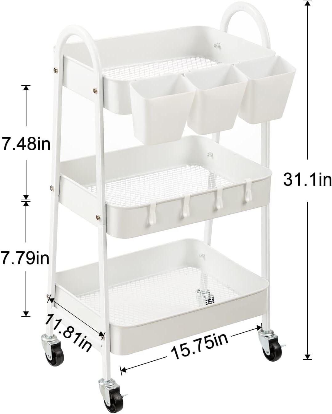 danpinera 3 Tier Metal Rolling Cart with Wheels Craft Cleaning Utility Cart for Storage-White