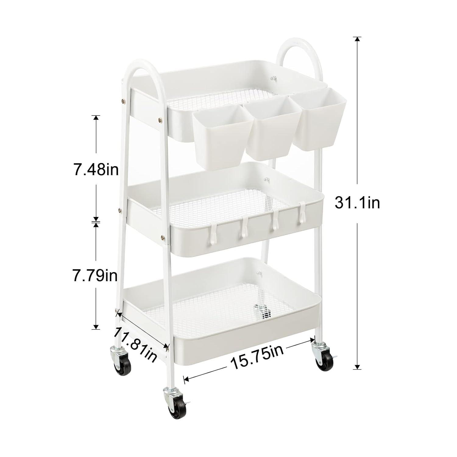 danpinera 3 Tier Metal Rolling Cart with Wheels Craft Cleaning Utility Cart for Storage-White