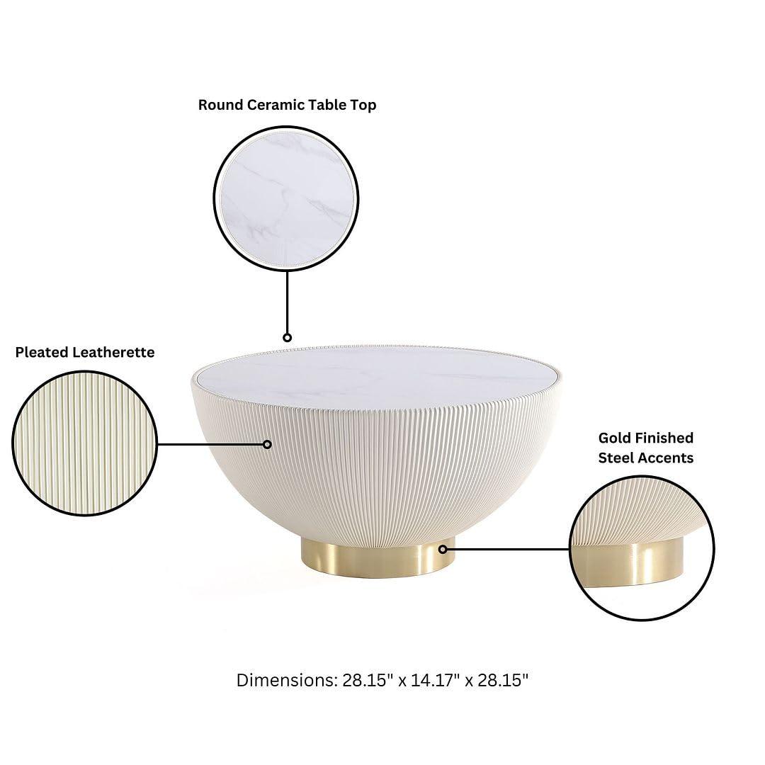 Manhattan Comfort 2pc Anderson Leatherette Upholstered Coffee Table and End Table with Metal Top Set Cream: Gold Finish, No Assembly Required