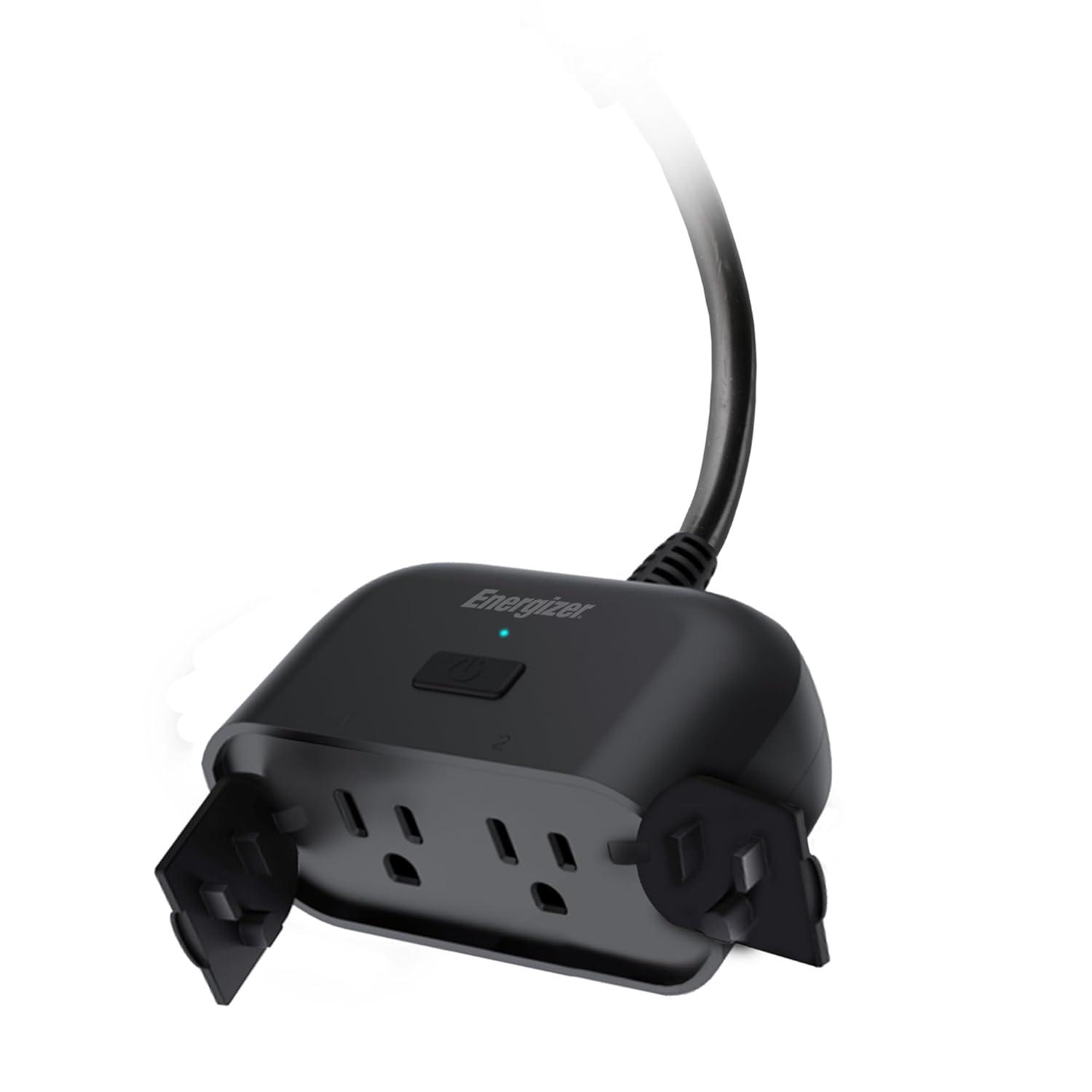 Energizer Smart Outdoor Plug: Water-Resistant, UL Listed, Black, Push Button, 600W, Plastic, No Hardwired Installation