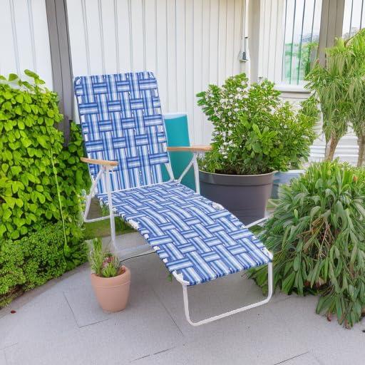 Blue and White Folding Web Chaise Lounge Chair with Wooden Arms